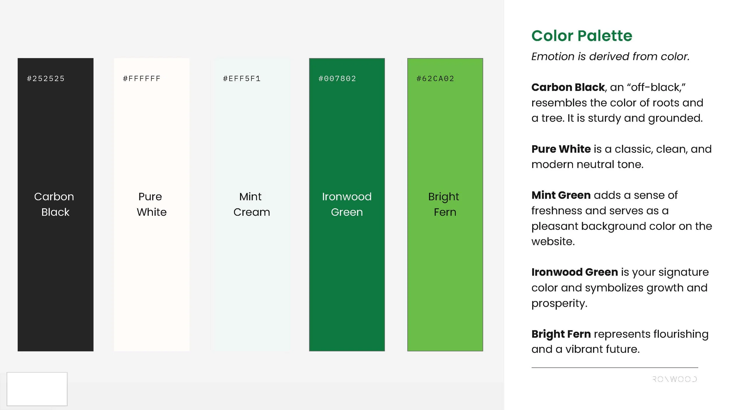 Color palette with five vertical color swatches labeled from left to right: Carbon Black, Pure White, Mint Cream, Ironwood Green, Bright Fern, with their respective hex codes. Descriptive text explains the emotional significance of each color, such as Carbon Black representing sturdiness, Pure White symbolizing neutrality, Mint Green conveying freshness, Ironwood Green signifying growth, and Bright Fern indicating a vibrant future.