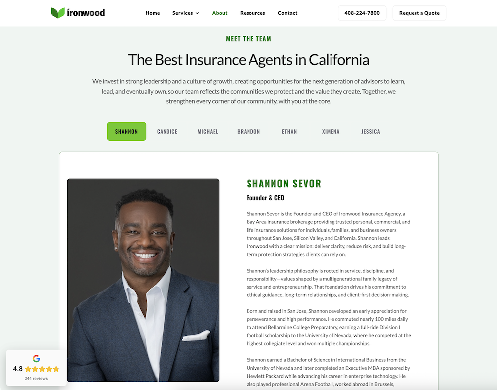 Screenshot of a website for Ironwood Insurance Agency featuring a team section with a photo of Shannon Sevor, Founder and CEO, and a description of his background and philosophy.