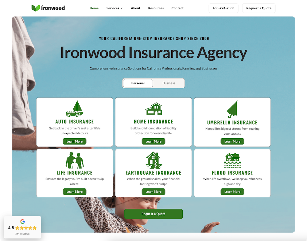 Screenshot of Ironwood Insurance Agency website homepage with services for auto, home, umbrella, life, earthquake, and flood insurance, featuring a child playing outdoors and a request a quote button.