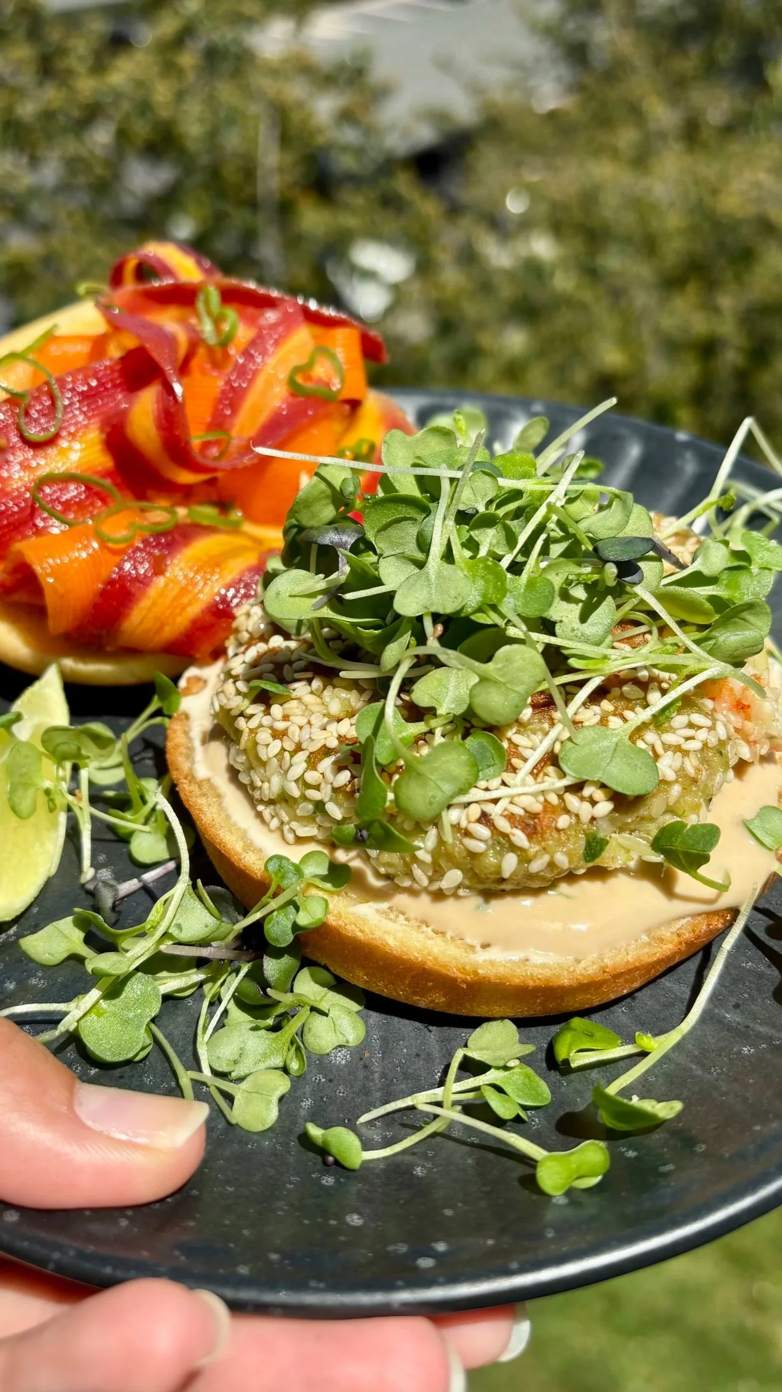 Prawn Sesame Brioche Burgers with a Chili Crisp Carrot Salad
