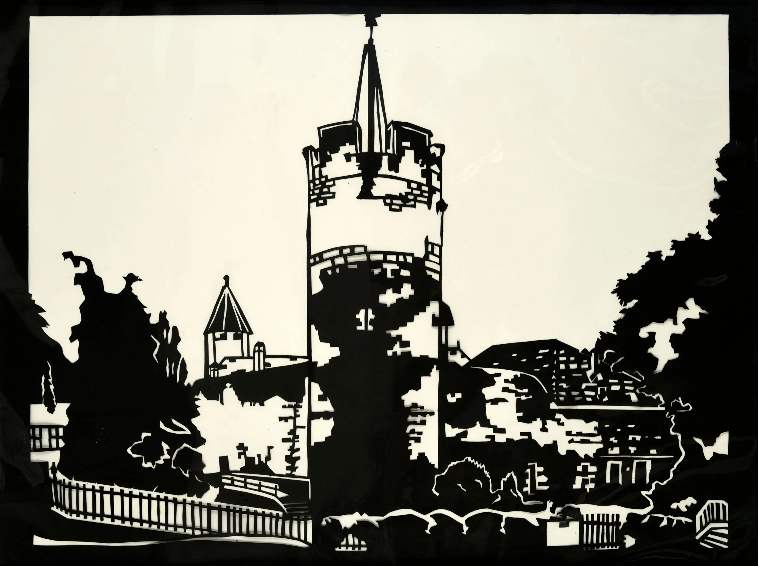 Subtractive Landscape, drawn in color on black paper and cut out with craft knife (2021)