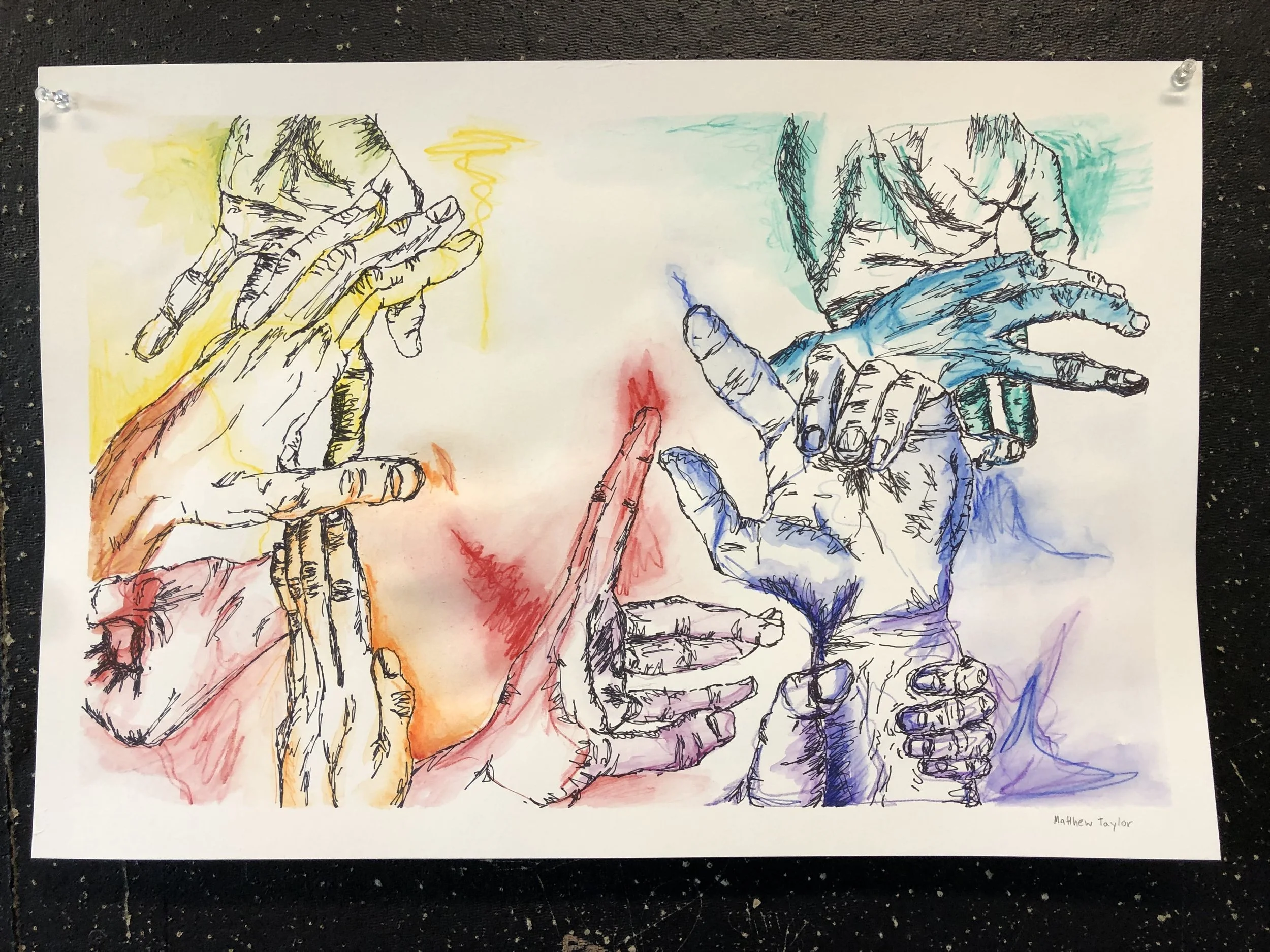 Hand Composition, pen and watercolor pencil on paper (2021)