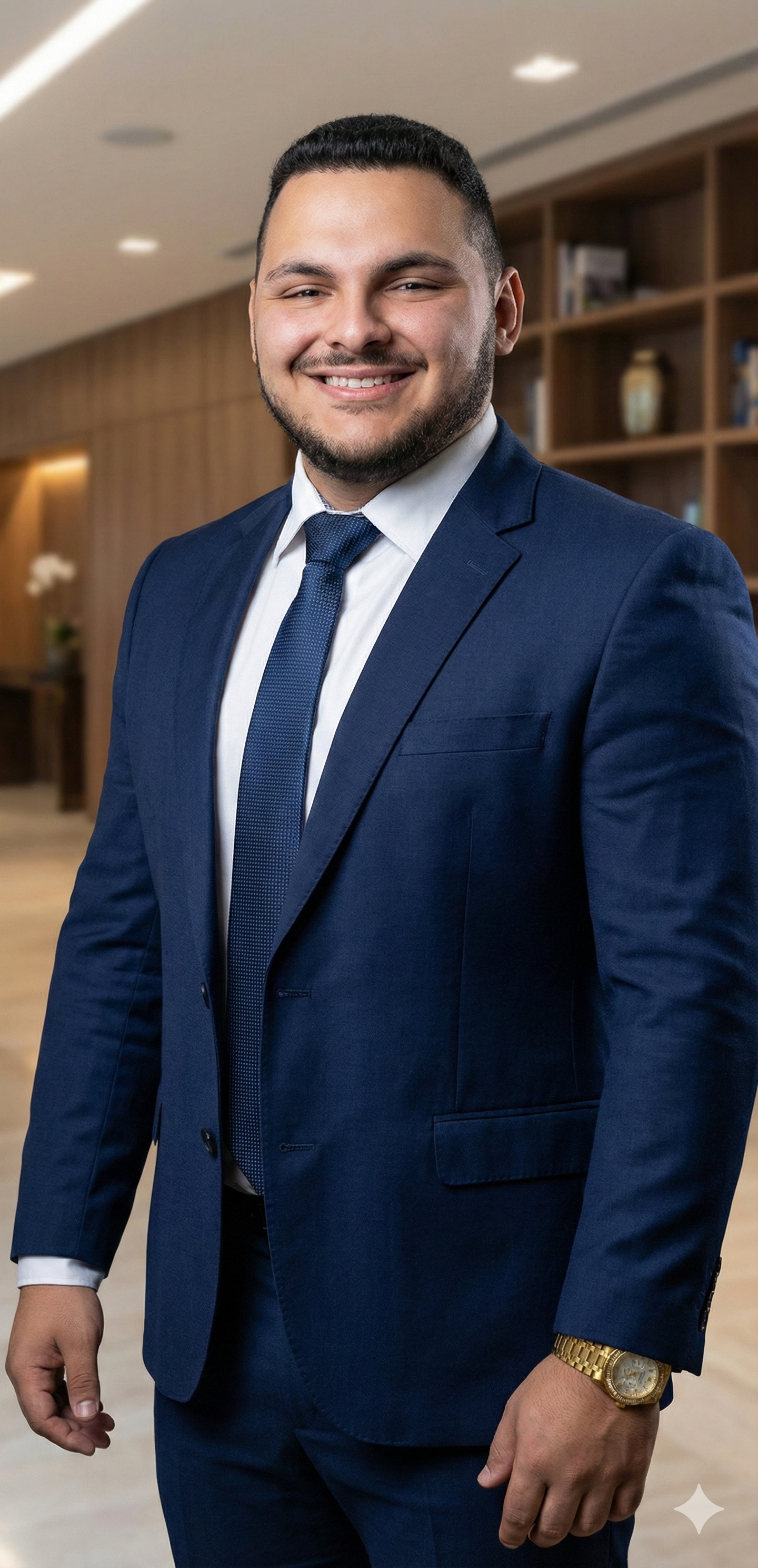 A smiling man in a navy blue suit and tie standing in a modern, well-lit room with wooden shelves and decor.