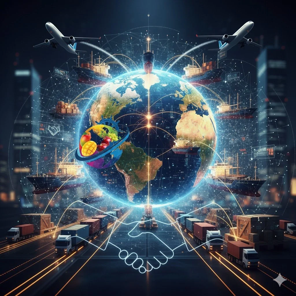 A digital illustration of global commerce and transportation. It features a globe with interconnected lines, cargo ships, airplanes, containers, trucks, and a handshake symbol, representing international trade, logistics, and globalization.