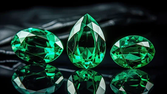 Three green gemstones, one teardrop-shaped and two oval-shaped, displayed on a reflective black surface.