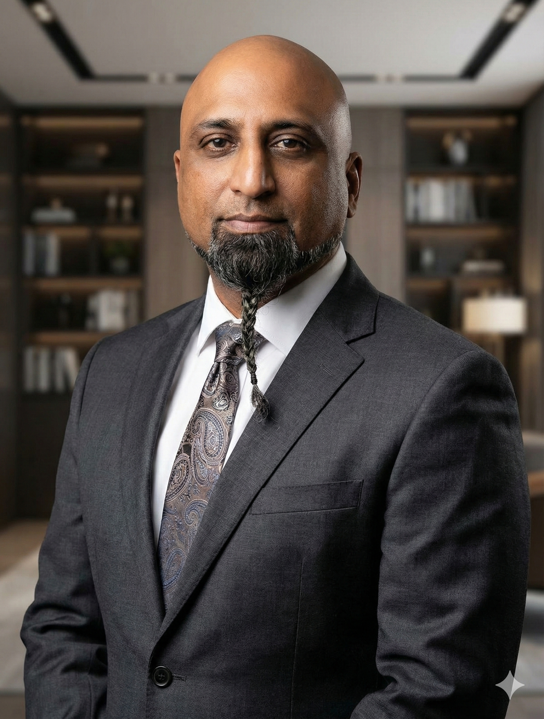 A bald man with a goatee and a twisted beard, wearing a dark suit, white shirt, and patterned tie, standing in a modern office with bookshelves and lamps in the background.