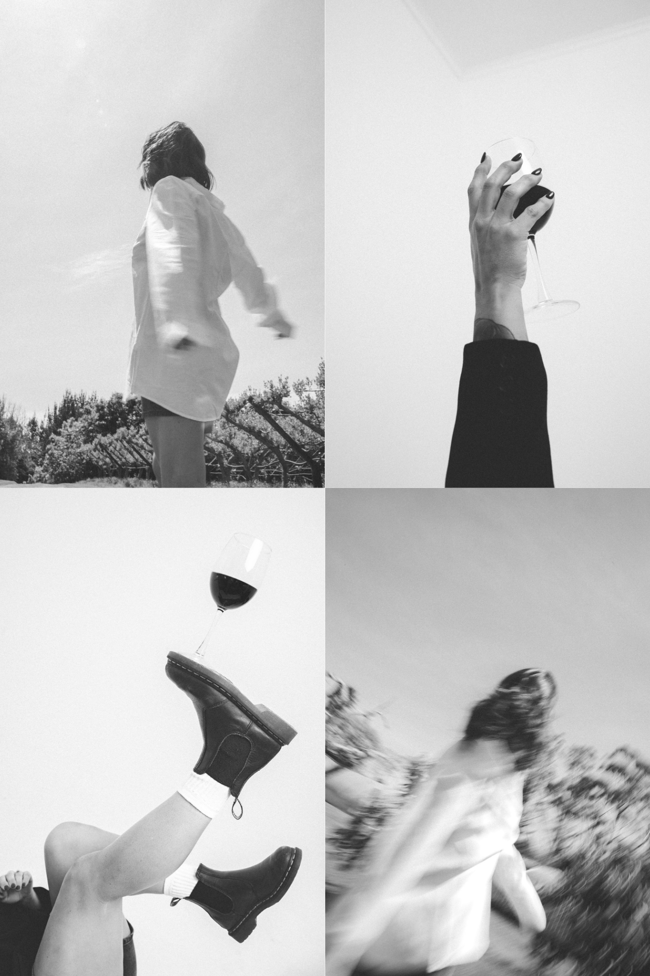 A collage of four black and white photos: Top left shows a person walking outdoors, top right shows a hand holding a glass of wine, bottom left shows a leg with a boot and a glass of wine balanced on a foot, bottom right shows a person running outdoors.