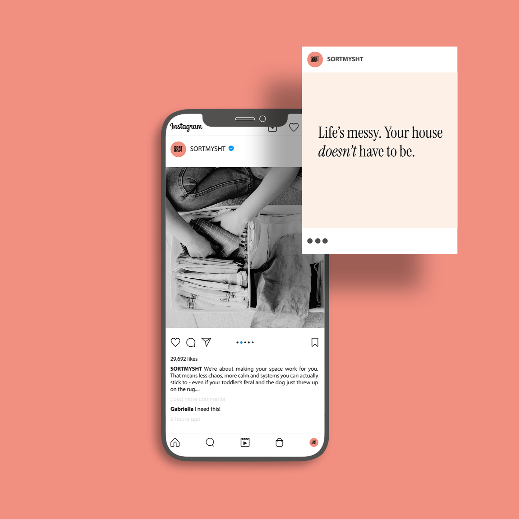 An illustration of a smartphone displaying an Instagram post about organizing and decluttering a house, with a motivational quote on a beige background that says, "Life's messy. Your house doesn't have to be." The phone is set against a pink backgrou