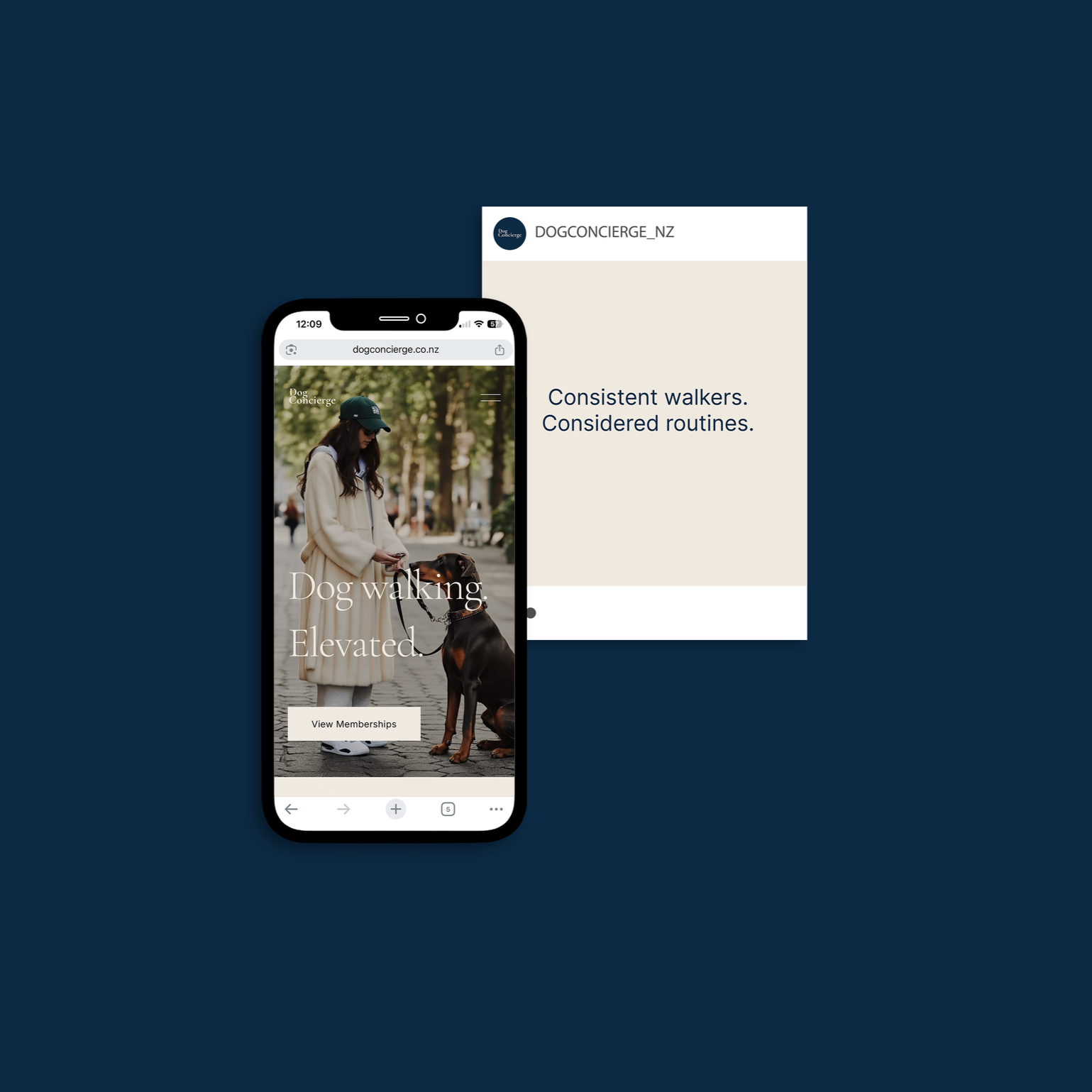 Smartphone displaying a website for Dog Concierge NZ with an image of a woman walking a Doberman in a park, wearing a beige coat and black cap, with the text 'Dog walking Elevated'. Behind the phone, a card with the text 'Consistent walkers. Consider