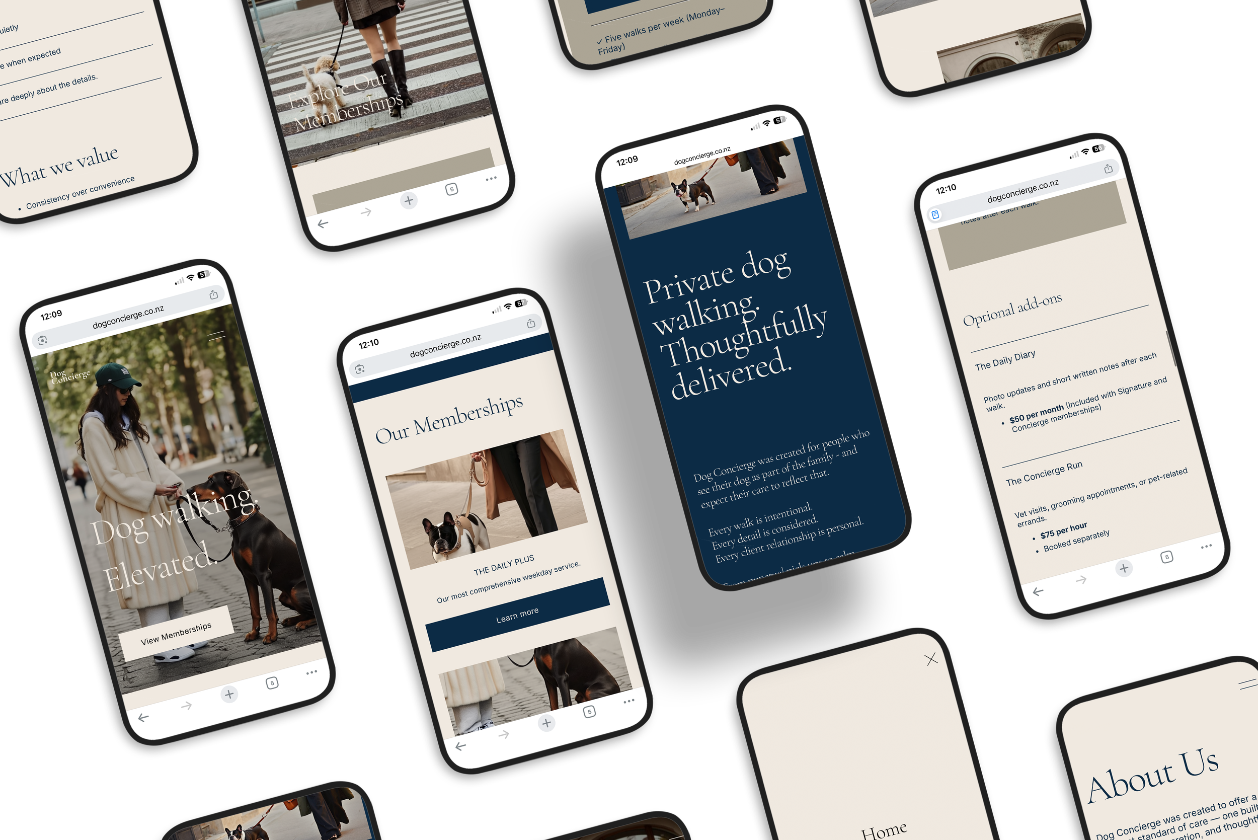 Multiple mobile screens displaying a website for dog concierge services, featuring images of walking dogs and information about memberships, services, and about us section.