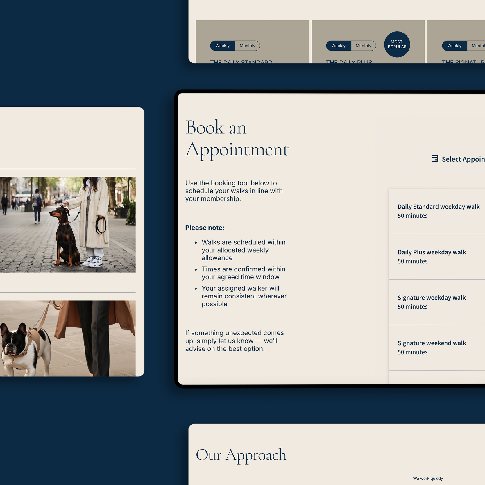 Webpage showing options to book an appointment for dog walking services, with a section detailing scheduling notes and a list of available walk times, alongside images of dogs being walked.