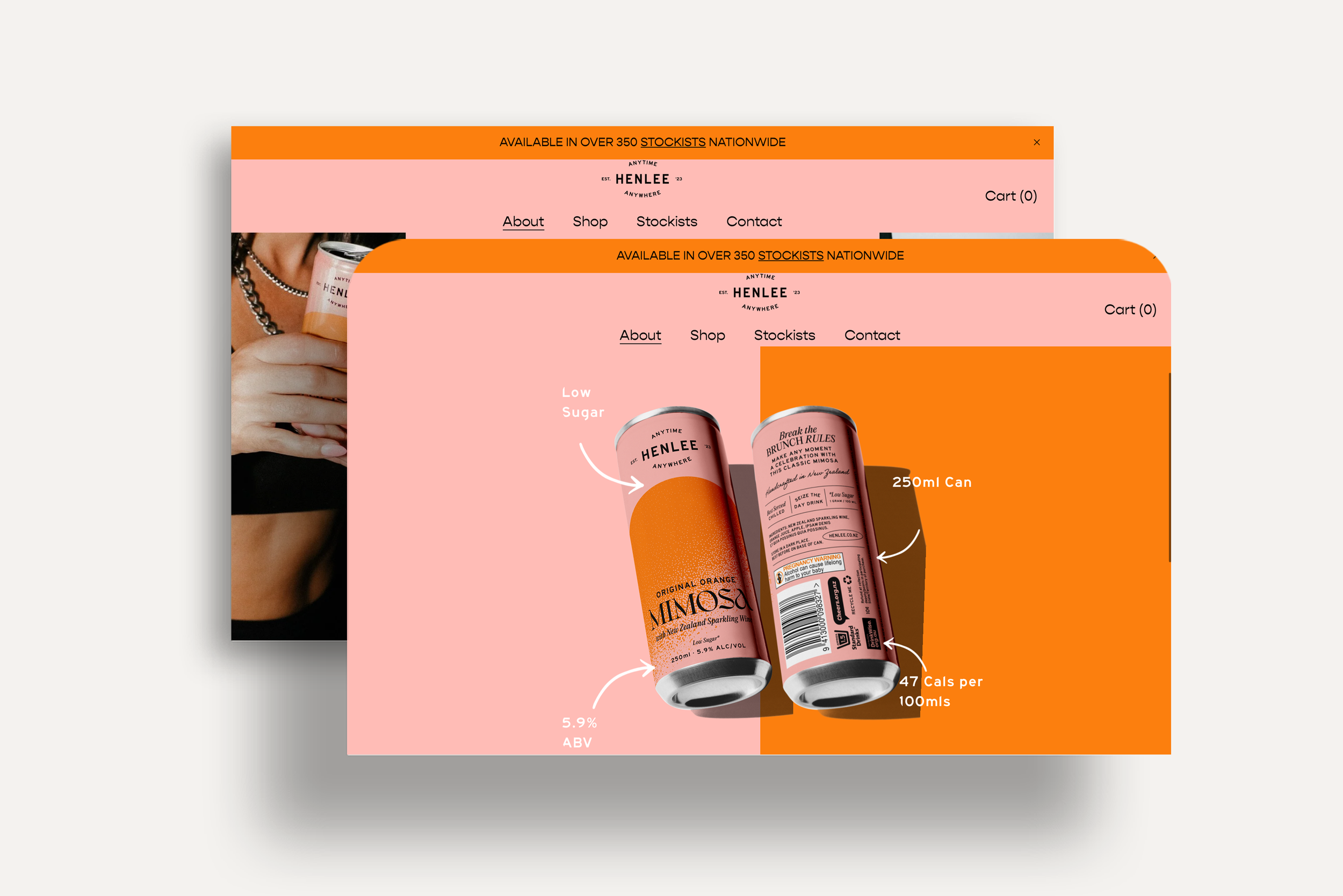 Digital graphic design showcasing two cans of Mimos alcohol beverage with annotations highlighting low sugar content, 250ml can size, 47 calories per 100mls, and 5.9% alcohol by volume. Background is pink and orange with overlaid website interface el