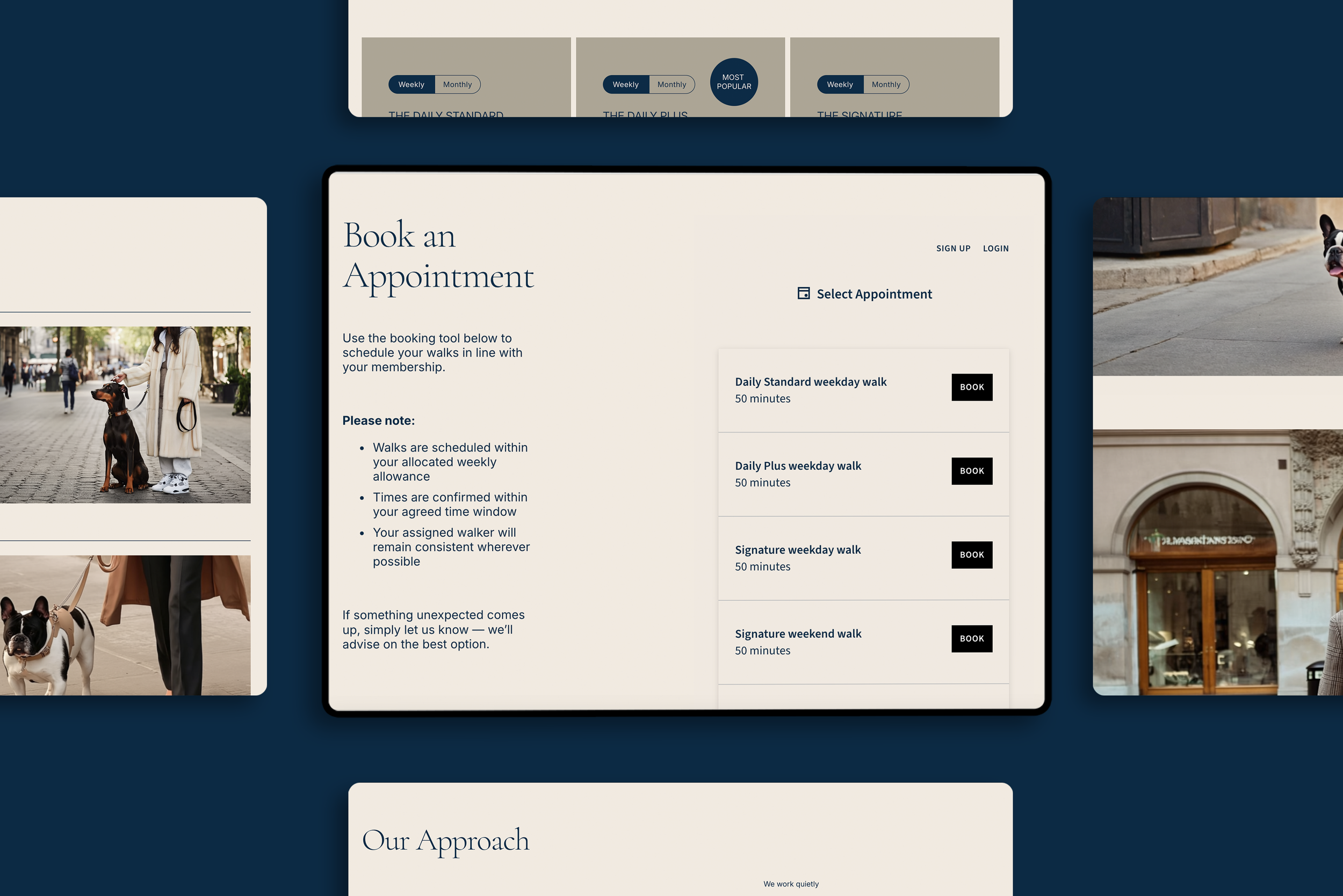 Screen showing a dog walking appointment booking interface with options for daily standard, plus weekday, signature weekday, and weekend walks, each lasting 50 minutes.