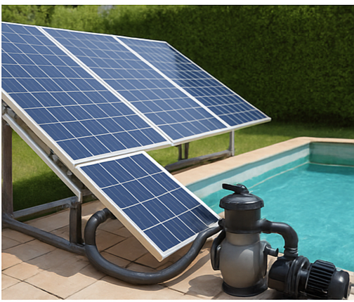 Solar panels powering a pool pump next to a swimming pool under a clear sky.