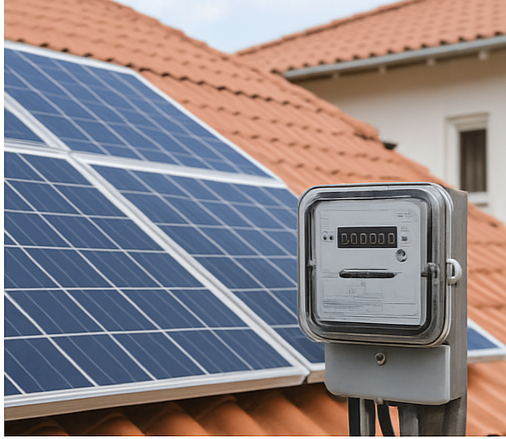 Solar panels on a residential roof connected to an electricity meter for net billing.