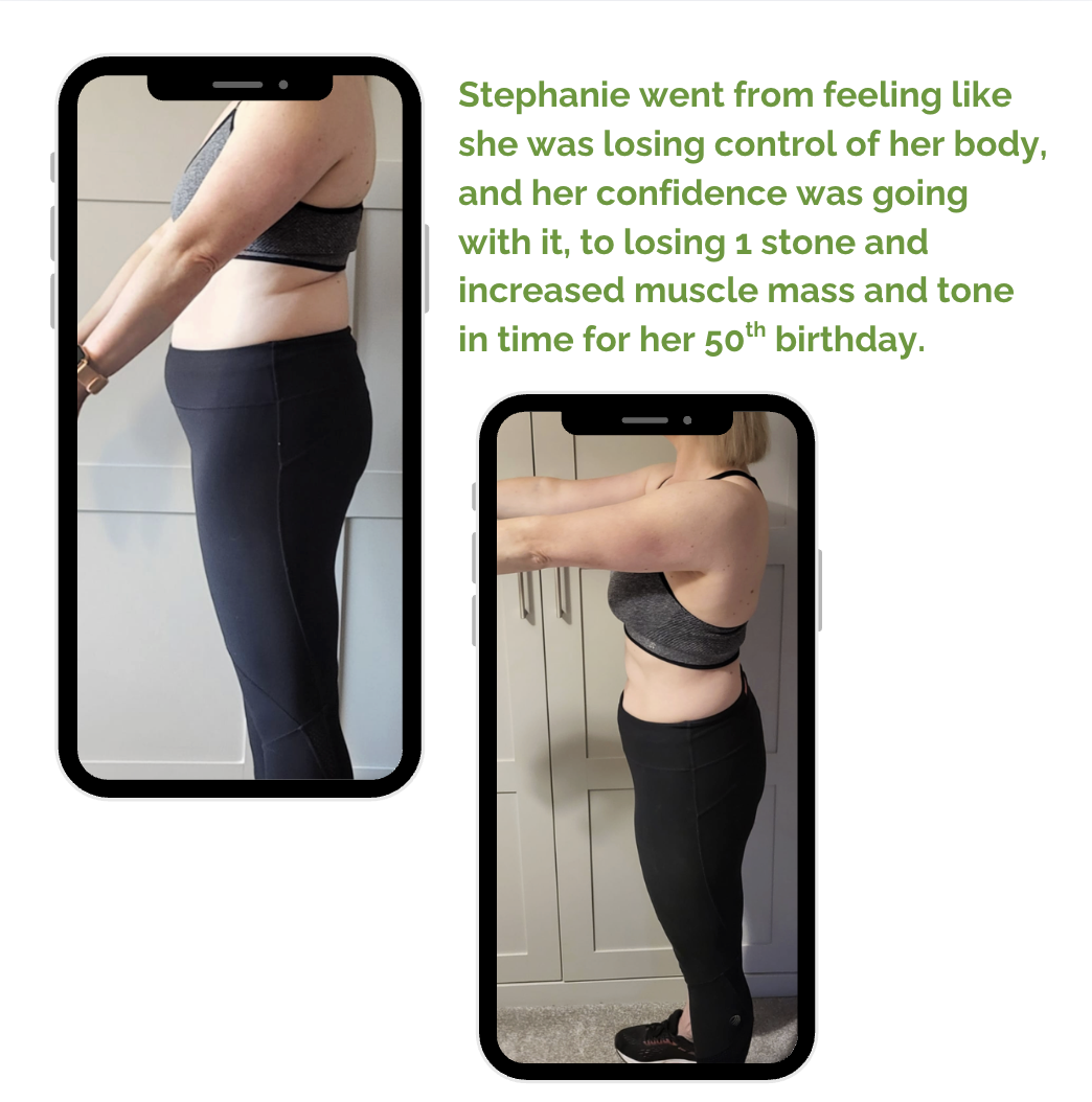 Before and after photos of a woman named Stephanie showing her body transformation over time.