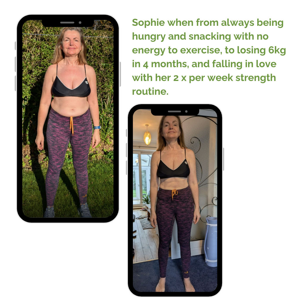 Transformation photos of Sophie showing before and after weight loss, with accompanying text describing her 6kg weight loss in 4 months through diet, exercise, and strength training.
