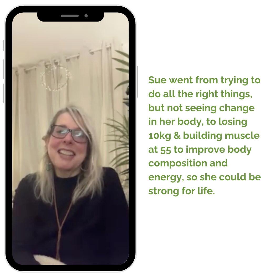 A smartphone screen displaying a woman with glasses and blonde hair, smiling, in a room with cream curtains and a plant, alongside a profile of a client case study for Sue.