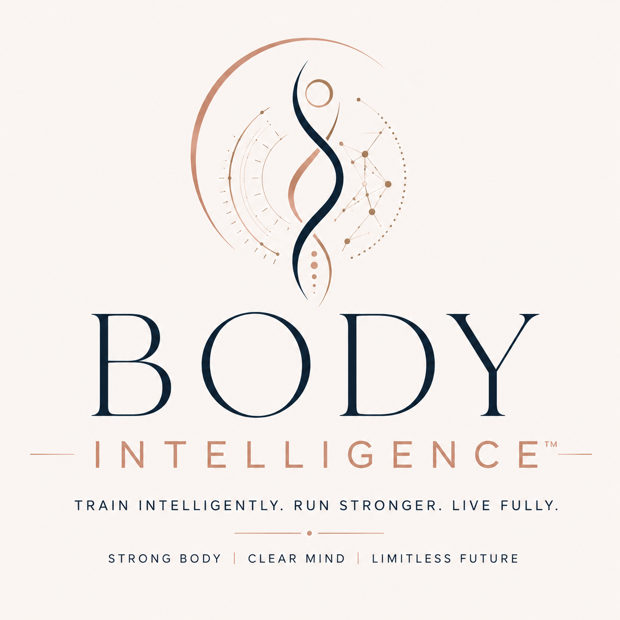 Logo for Body Intelligence with a stylized DNA strand and geometric patterns, featuring the words 'BODY' and 'INTELLIGENCE' and slogans about training the body and mind.