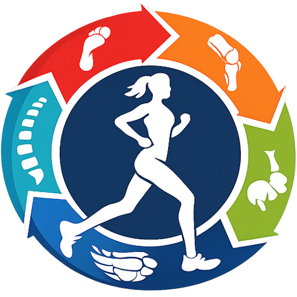 Illustration of a woman running at the center, surrounded by icons representing different body parts and exercise activities, in a circular arrangement with color segments.