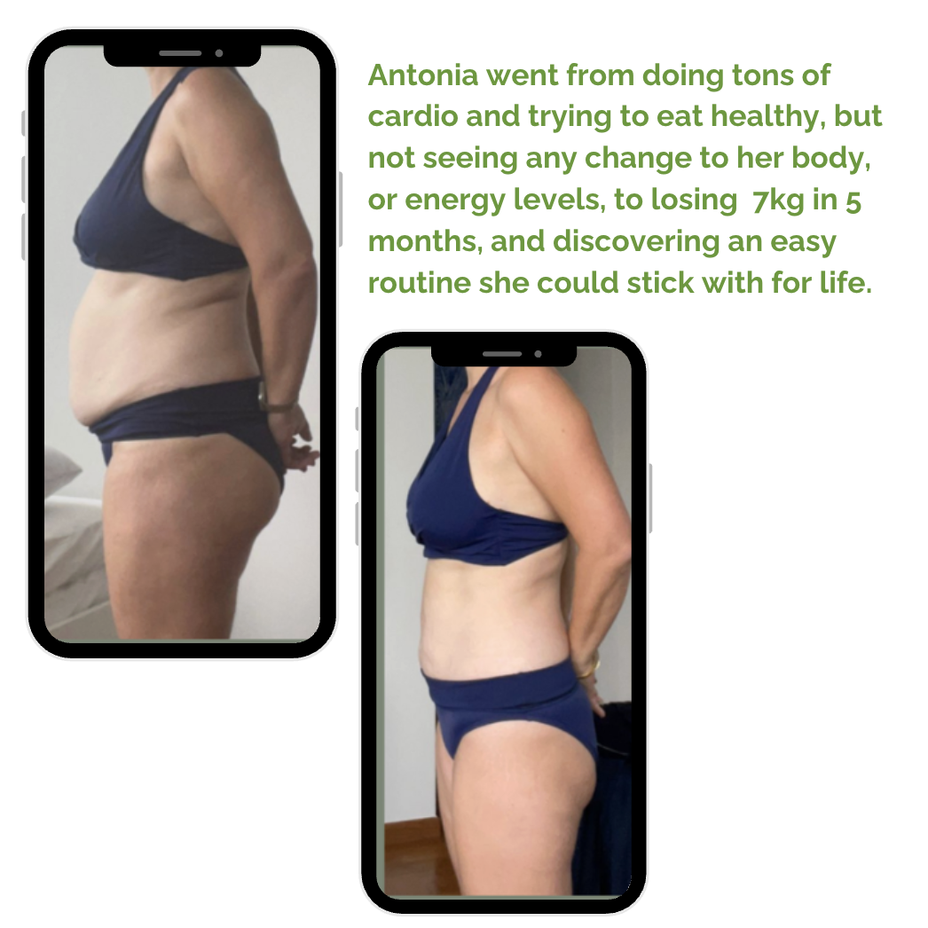 Before and after photos of a woman showing weight loss transformation from side view. The images are displayed within smartphones against a magenta background.
