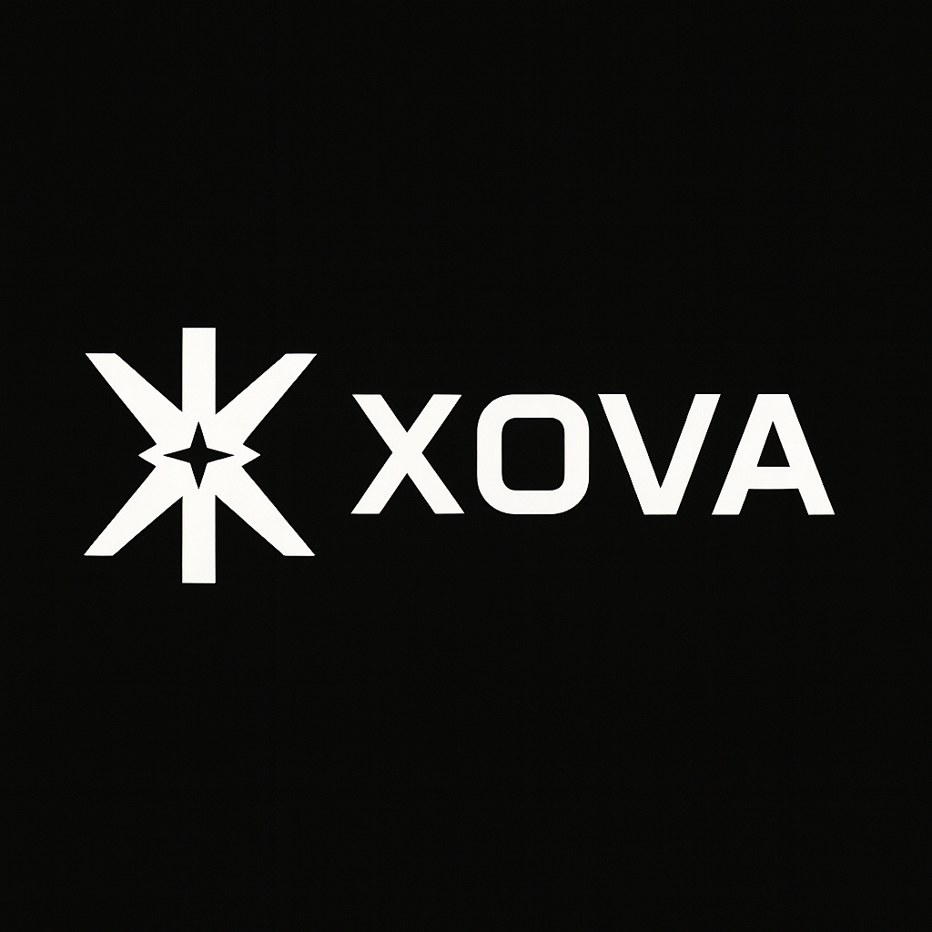 XOVA logo with a stylized star-like symbol on the left, all in white on a black background.