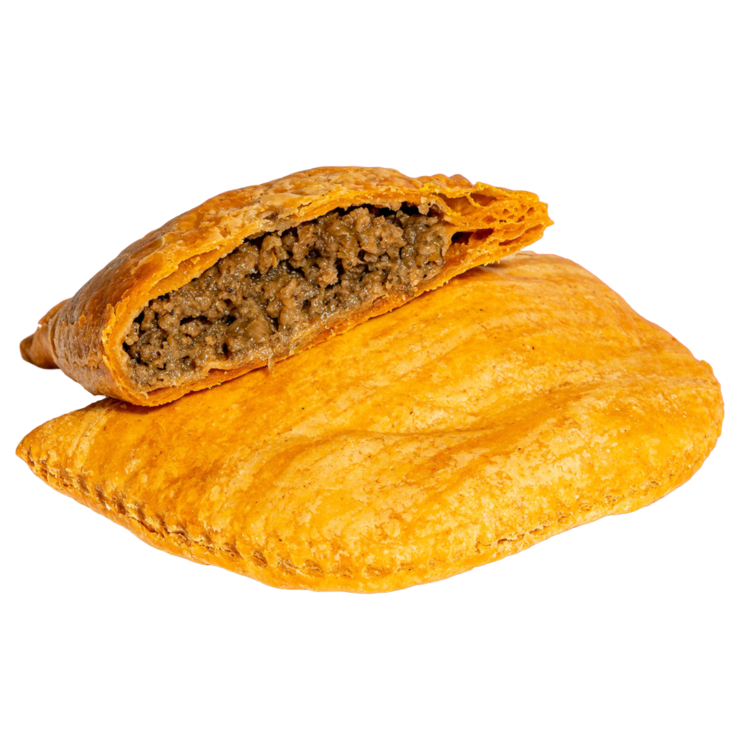 Golden fried empanada with one half opened to reveal seasoned ground beef filling.