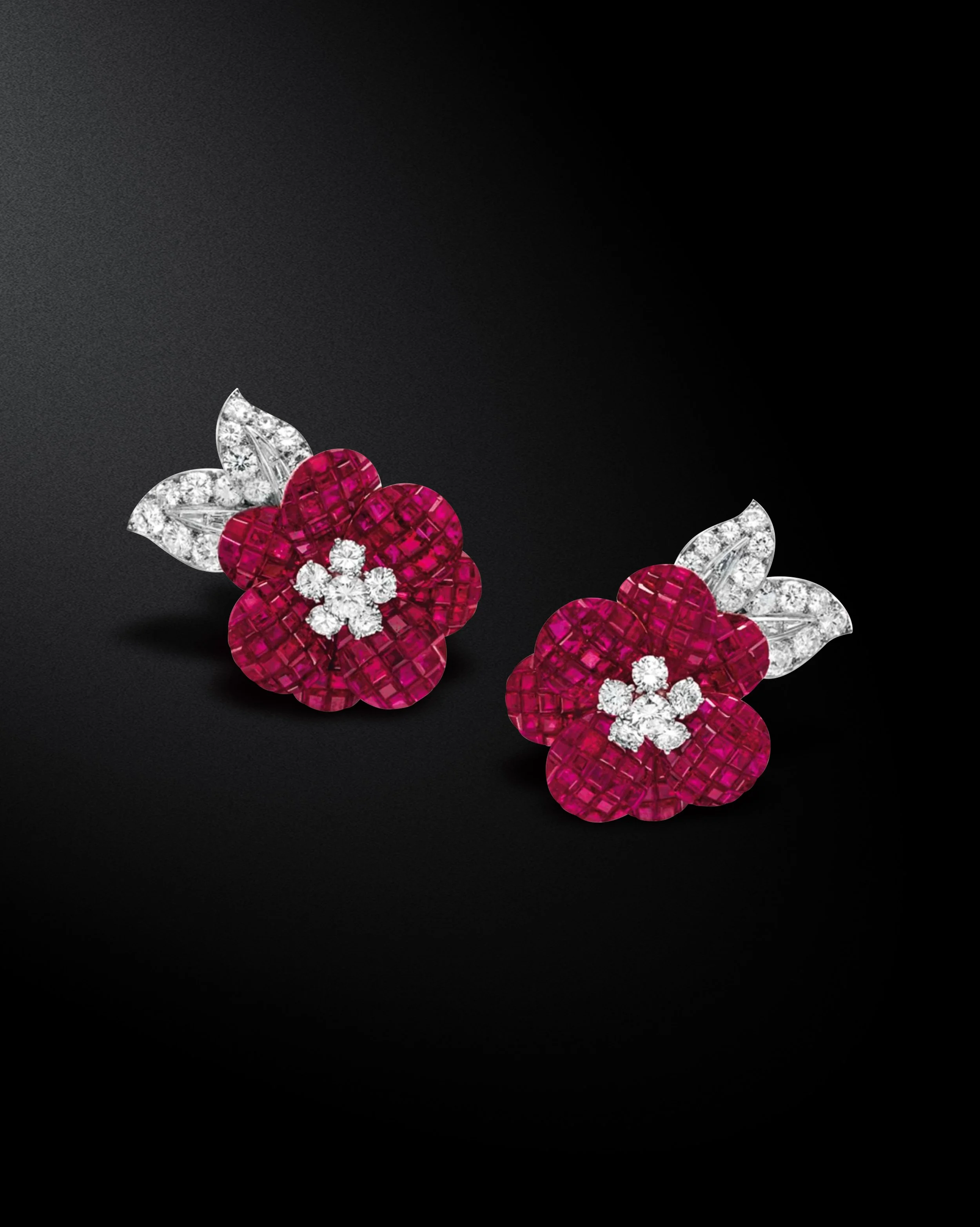 Pair of Mystery-Set Ruby and Diamond Ear Clips, Van Cleef & Arpels