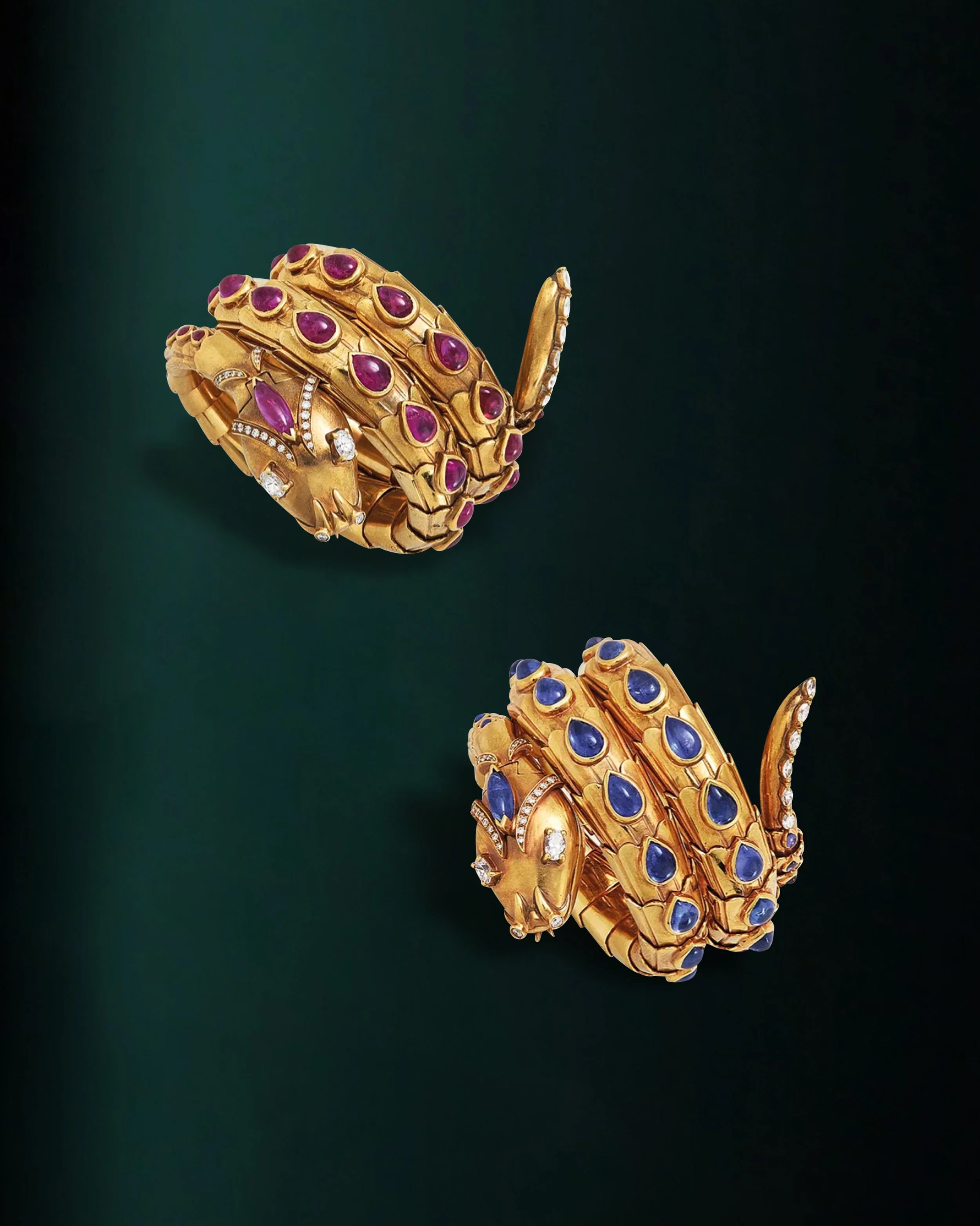 Pair of Ruby, Sapphire and Diamond ‘Serpenti’ Bracelet-Watches, Bulgari, Circa 1950