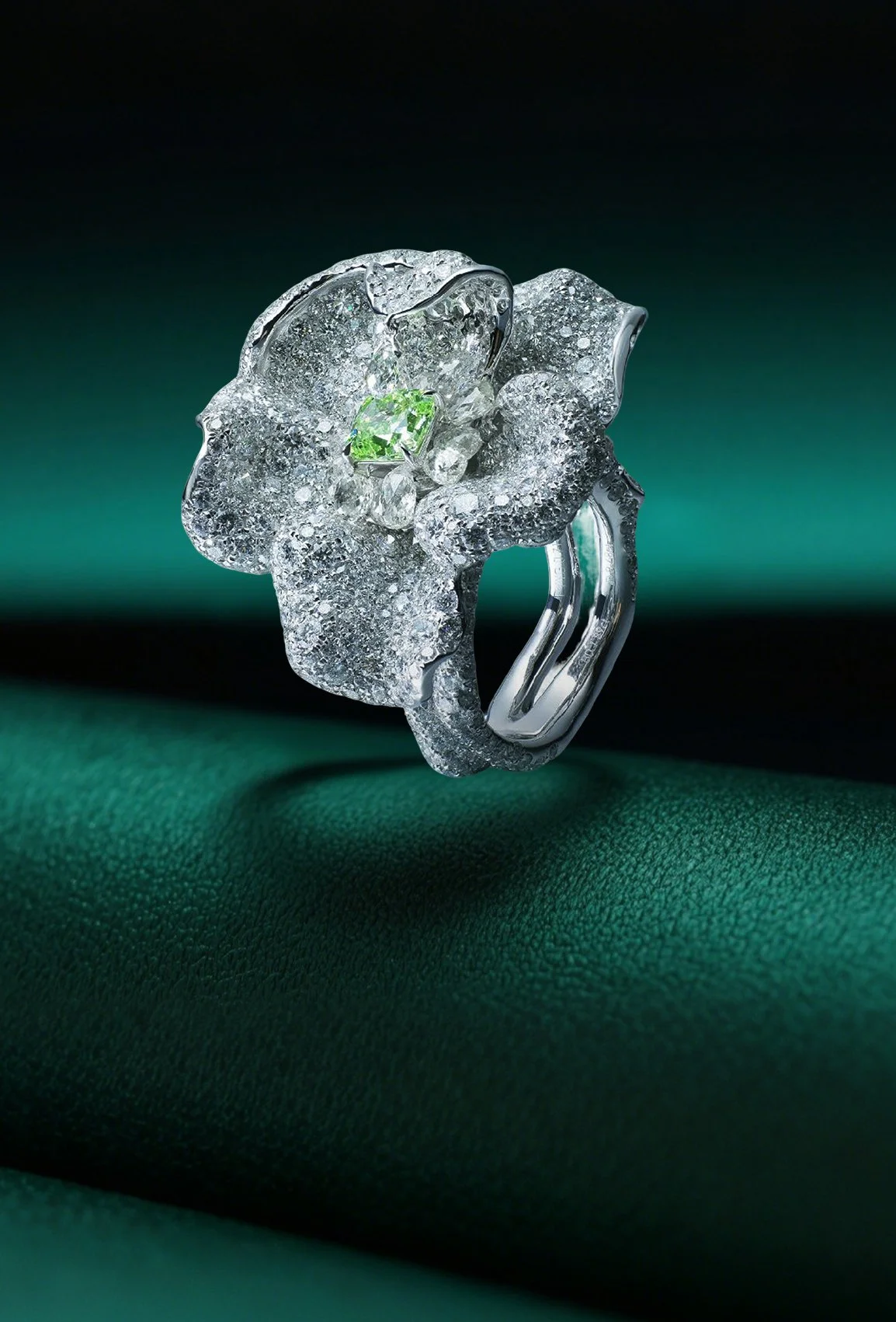Tianshan Snow Lotus Rare Vivid Green Diamond Ring