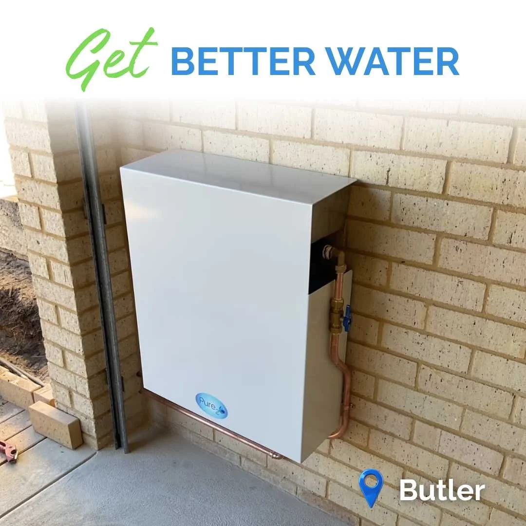 Pure₂O whole-house water filtration system installation in Butler WA with outdoor enclosure for chlorine, PFAS and sediment removal