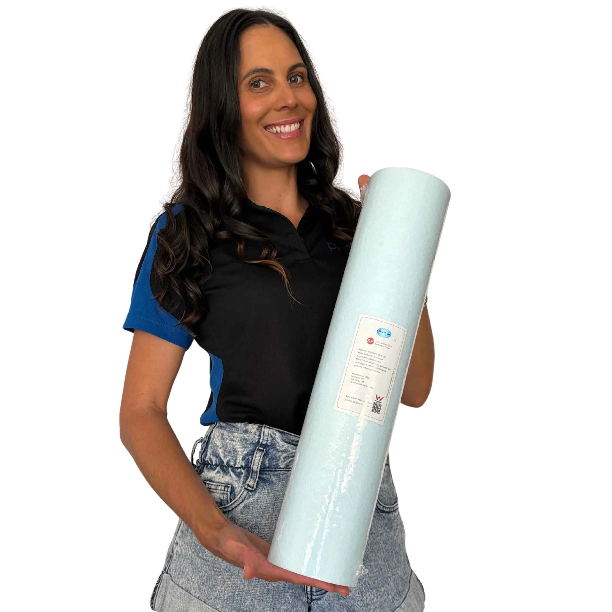 A woman holding the 1 micron antibacterial polyspun sediment filter cartridge (20" x 4.5") for whole house filtration systems