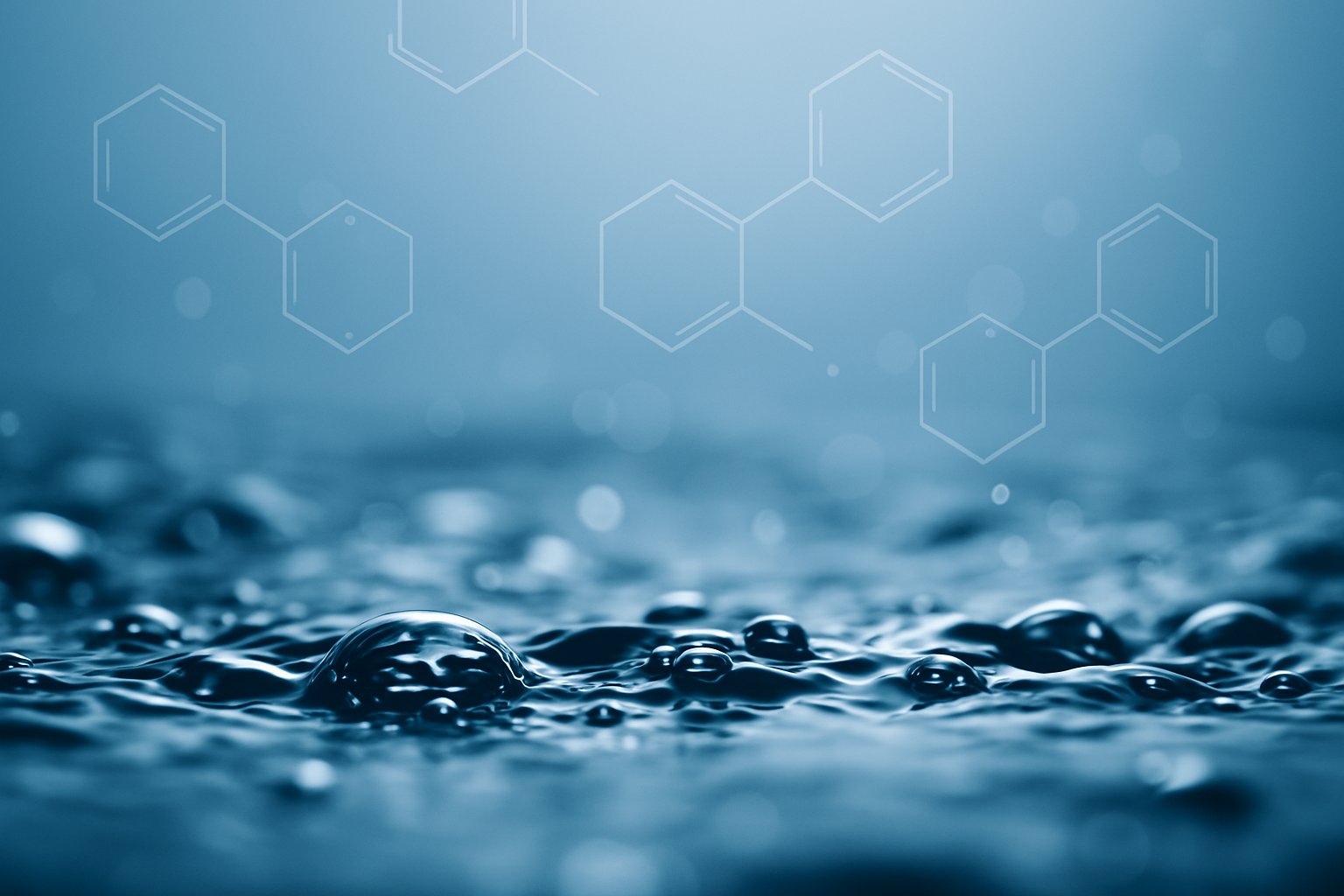 Clear water surface with hidden PFAS chemical symbols, showing how forever chemicals can exist unseen in Perth tap water.