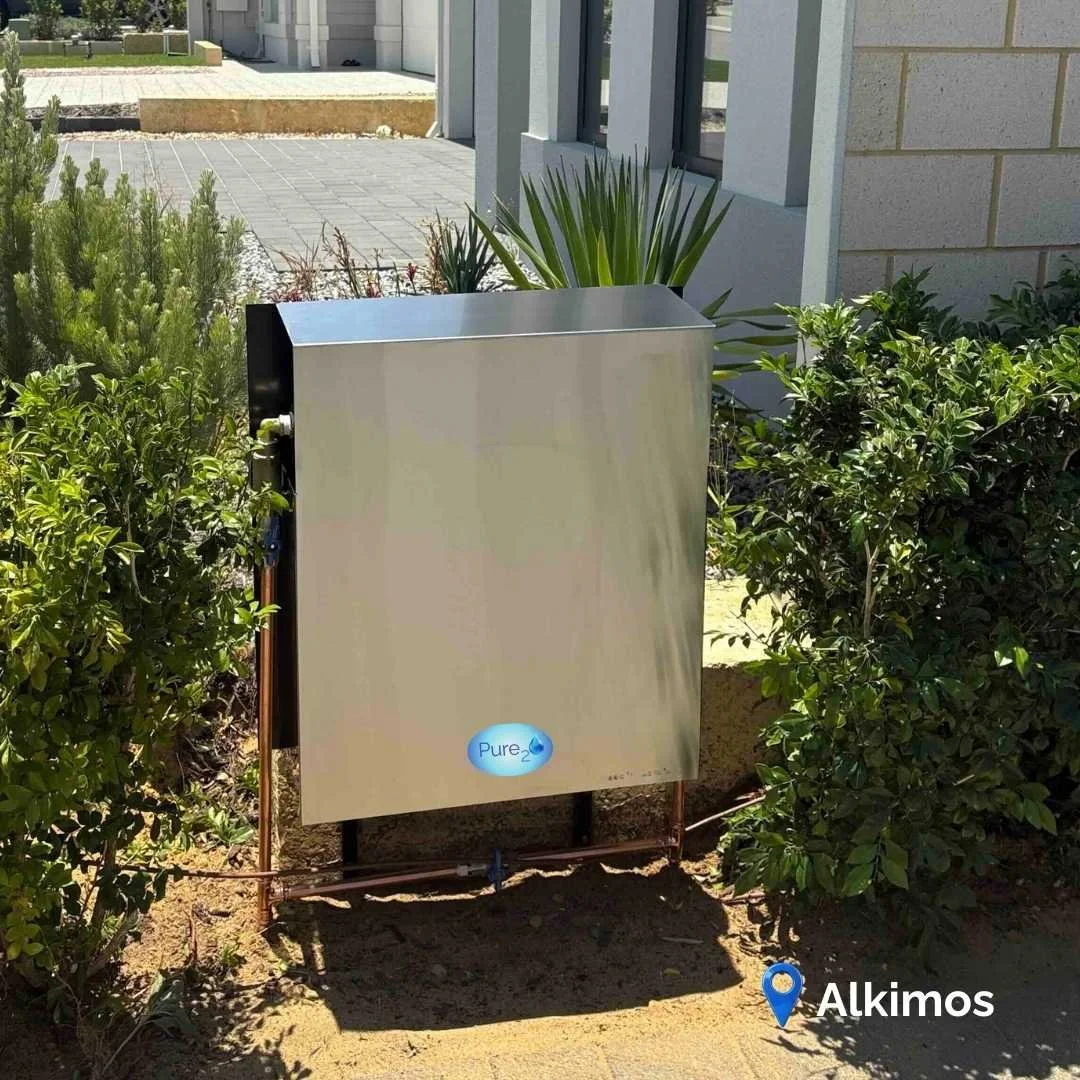Pure₂O stainless steel whole house water filtration system installed in Alkimos Perth, providing premium filtration for PFAS, chloramine, sediment and heavy metals.