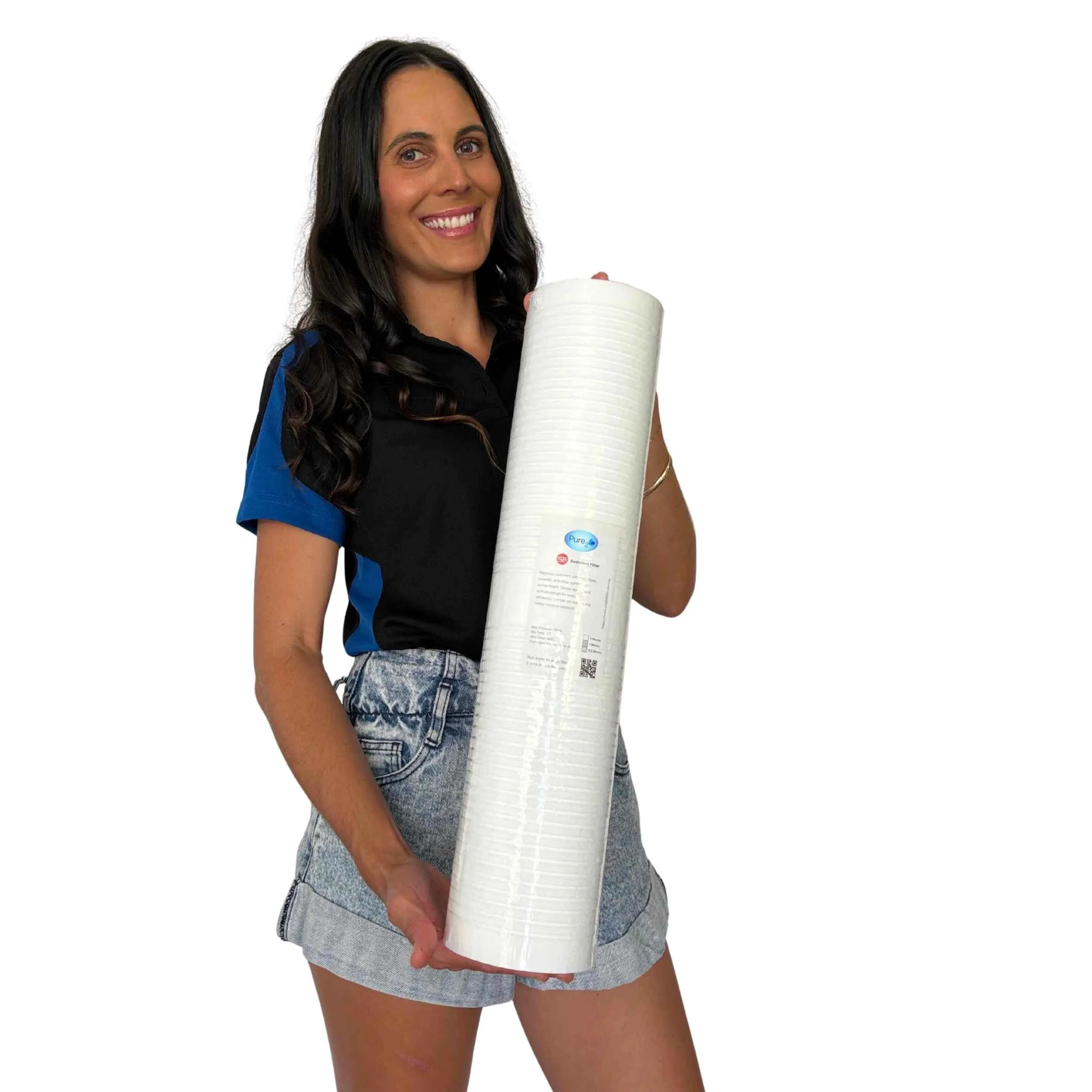 Woman holding a 1 Micron Polyspun Sediment Water Filter Replacement Cartridge | 20” x 4.5” | for Pure₂O Whole House Water Filtration Systems