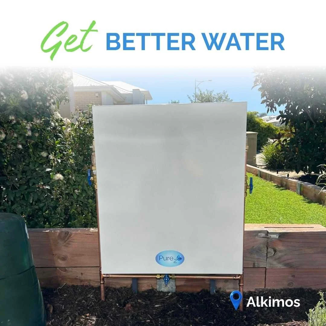 Pure₂O whole house water filtration system with double powder coated Surf Mist cover installed in Alkimos Perth, featuring premium 0.22 micron filtration for PFAS, chloramine and heavy metal reduction.