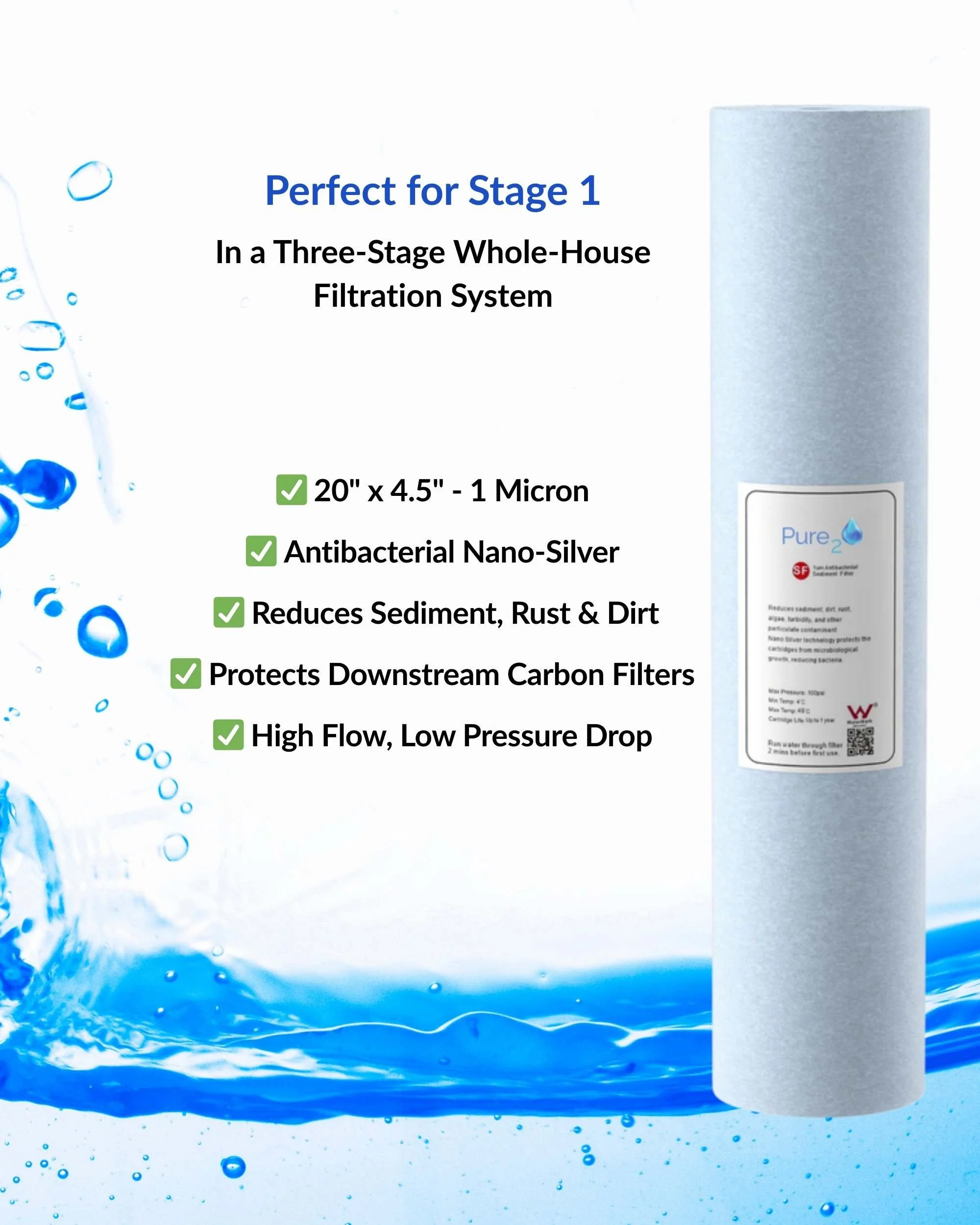 1 micron antibacterial nano silver sediment water filter cartridge 20 inch x 4.5 inch for whole house filtration system stage 1
