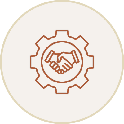 Icon of two hands shaking inside a gear symbol, representing partnership or collaboration.