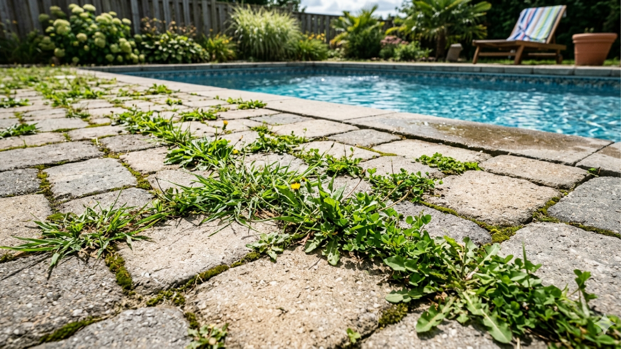 Brick paver patio with weeds in joints