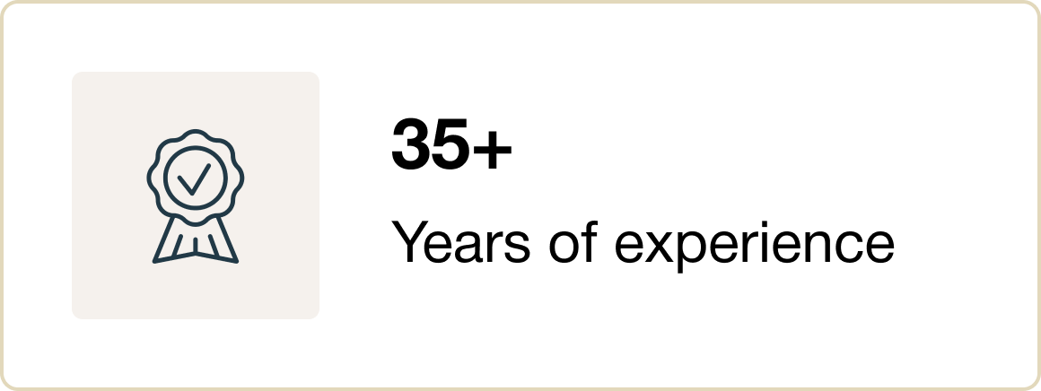 An icon of a ribbon with a check mark inside, next to the text '35+' and 'Years of experience'.
