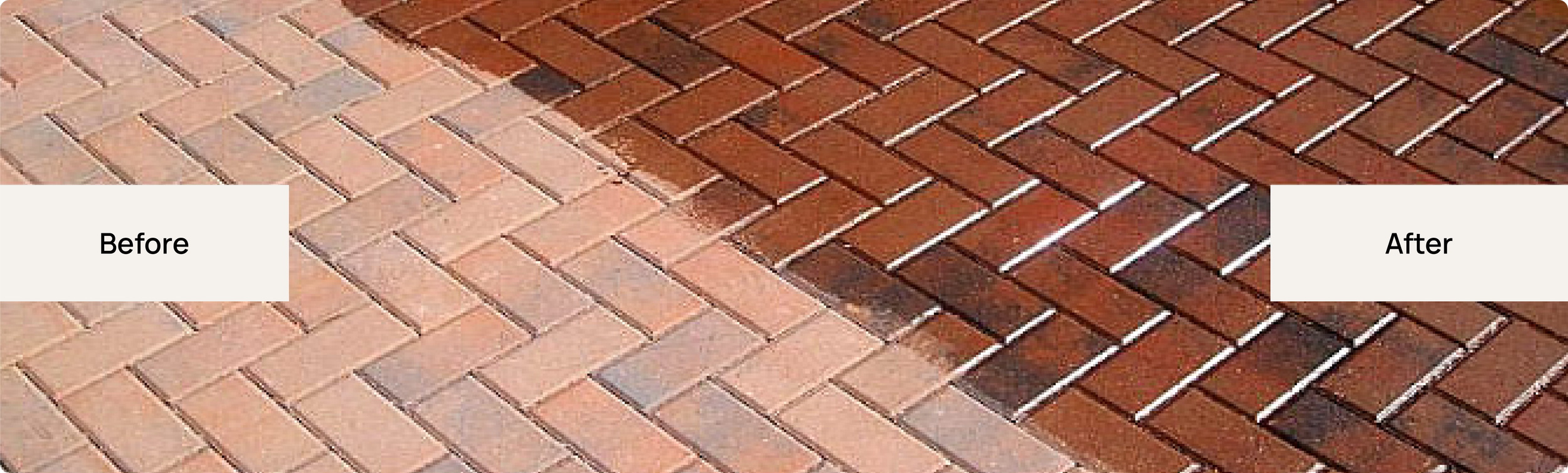 Comparison of a brick walkway before and after cleaning, with the left side labeled 'Before' showing dirty bricks and the right side labeled 'After' showing cleaned, brighter bricks.