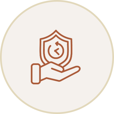 Outline of a hand holding a shield with a clock symbol inside, representing protection or security.