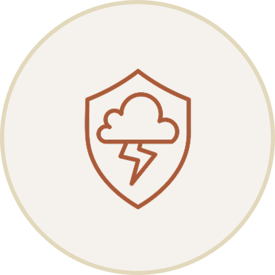 A shield containing a cloud and lightning bolt symbol, representing weather-related or storm protection.