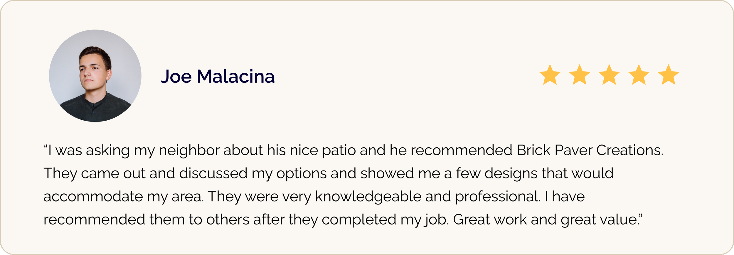 Customer review section with a photo of a man, named Joe Malacina, five-star rating, and a positive testimonial about Brick Paver Creations.