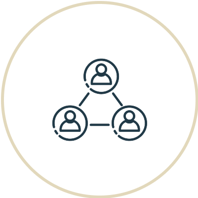 Icon illustration of a connected network of three people, represented by circles with user symbols inside, linked with lines.