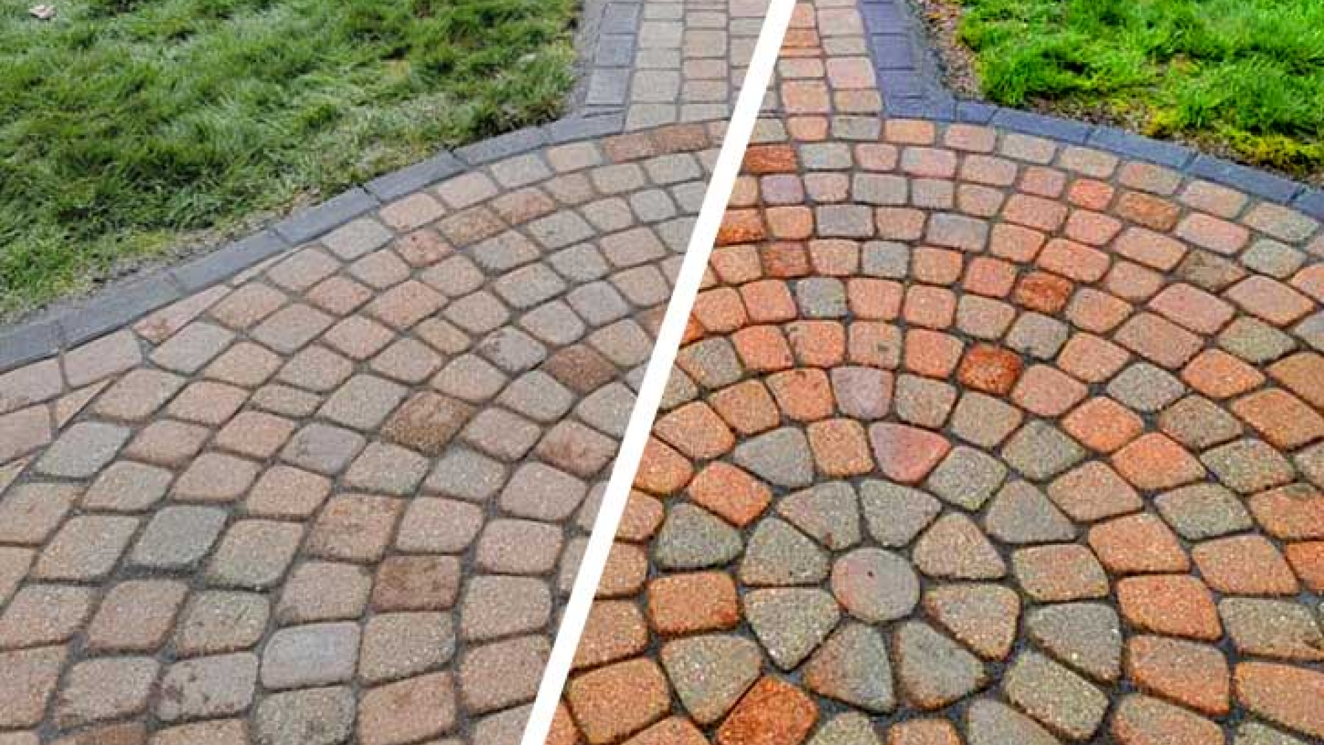 brick paver patio before cleaning and sealing and after.