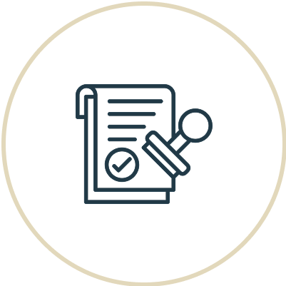 Icon of a document with a checkmark, a magnifying glass, and a pen.