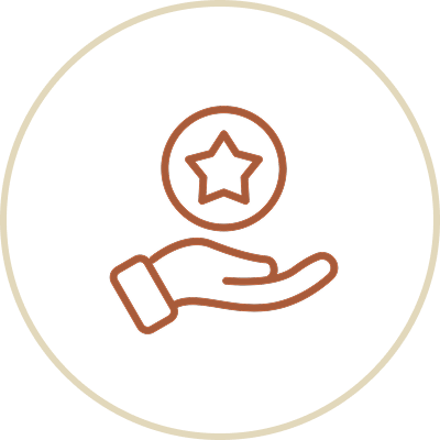 Line drawing of a hand holding a medal with a star in the center inside a circular border