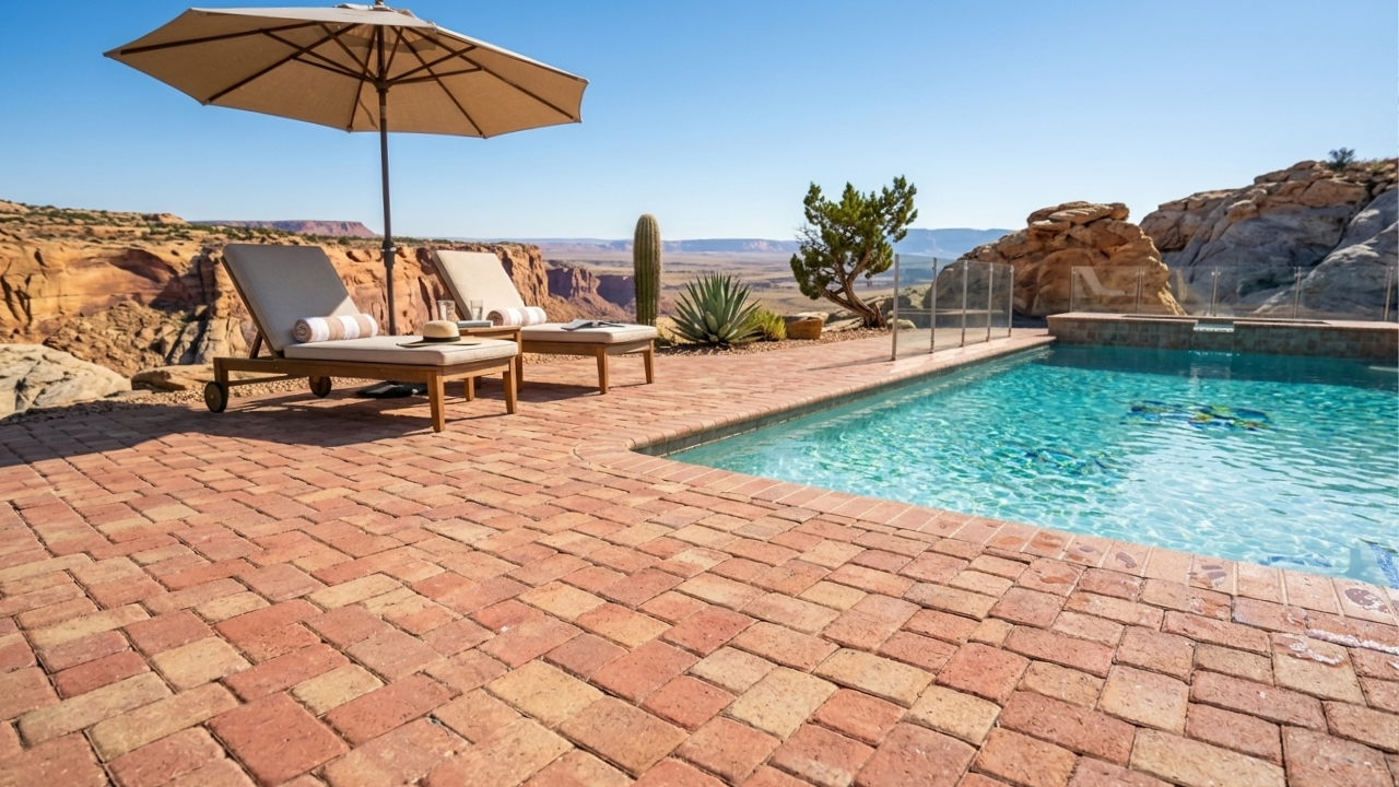 Beautiful brick paver patio around a pool