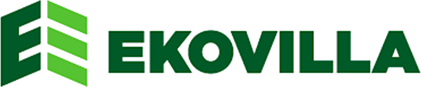 Vihreä Ekovilla-logo, joka koostuu kolmesta pystysuorasta ja viistoisesta palkista ja sanasta 'EKOVILLA'